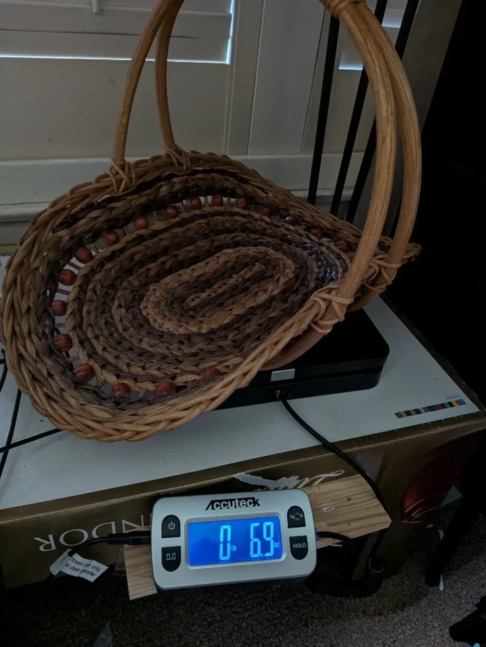 Vintage Woven Two-Tone Scoop Basket Wooden Bead Accent Overhead Handle